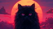Artistic illustration of a black cat with glowing red eyes against a red moon.