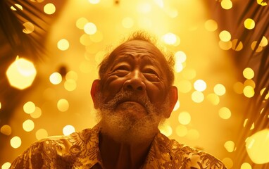 a multiracial man with a beard wearing a yellow shirt. The man is posing for the camera, showcasing his stylish outfit and facial hair.