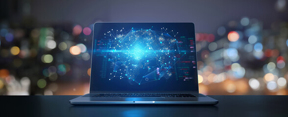 Wall Mural - laptop in the city, technology future, artificial intelliegence