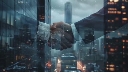 Wall Mural - double exposure image that combines a business handshake with a bustling cityscape background