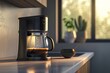 Elegant Coffee Maker on Kitchen Counter - An elegant coffee maker sits on a kitchen counter, its clean lines and modern design illuminated by natural light, creating a calming atmosphere for the morni