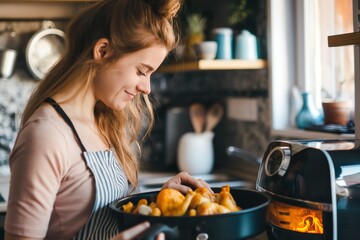 A woman is standing at the stove, cooking potatoes in a frying pan, adjusting the time and temperature on an air fryer.