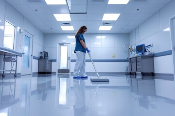 A woman is diligently cleaning the floor of an operating room with a mop, ensuring cleanliness and hygiene in the medical environment.