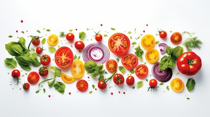 Wall Mural - Creative layout made of tomato slice, onion, cucumber, basil leaves. Flat lay, top view. Food concept. Vegetables isolated on white background. Food ingredient pattern. Banner