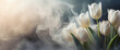 Tulipany pastelowe białe kwiaty w dymie,  abstrakcyjne tło kwiatowe