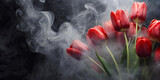 Fototapeta Tulipany - Tulipany czerwone kwiaty w dymie,  abstrakcyjna tapeta