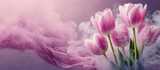 Fototapeta Tulipany - Tulipany ,pastelowe różowe kwiaty w dymie,  abstrakcyjne tło kwiatowe. Puste miejsce