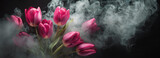 Fototapeta Tulipany - Tulipany , fioletowe kwiaty w dymie,  abstrakcyjne tło kwiatowe
