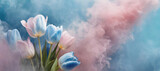 Fototapeta Tulipany - Pastelowe kwiaty, niebieskie i różowe tulipany,  abstrakcyjne tło kwiatowe