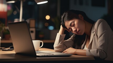 Tired businesswoman sleeping on table in office. Young overworked exhausted girl working from home. Woman using laptop. Entrepreneur, business, freelance work, student, stress, work from home concept