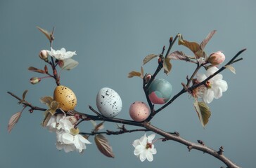 Wall Mural - a branch of flower with some colored eggs and a few flowers on it