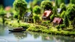 A model boat sits on a lake in front of a village made of toy houses. The scene has been photoshopped to give a tilt-shift effect.