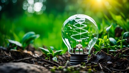 sustainability, renewable or sustainable energy concept - lightbulb against green nature reflecting environment concept, invention, develop, efficency and success. creative illustration. generative ai