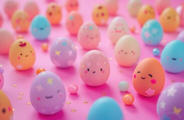 Wall Mural - many easter eggs on a pink colored background