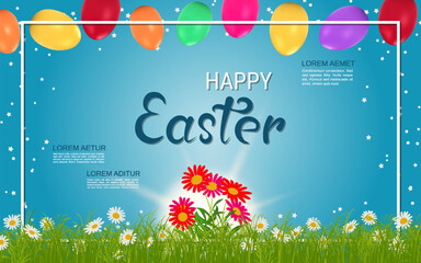 Wall Mural - Happy Easter elegant vector illustration. Blue sky background with Easter design elements
