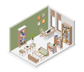 Canvas Print - Isometric library interior. Reading club or bookstore. Room with bookshelves, chairs and desk. School or university, flawless vector scene