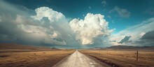 Scenic Dirt Road Landscape With Dramatic Cloudy Sky Background, Rural Countryside Travel Concept