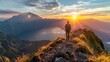 Hiking adventure on mountain trail, panoramic view, sunrise