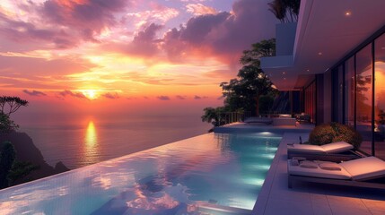 Wall Mural - Luxurious home with an open plan living area leading to a beautiful pool with a great view