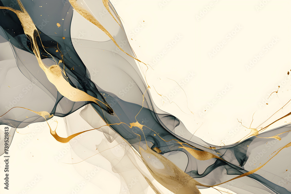 Abstract gold and black liquid paint swirls on ivory background. Modern ...