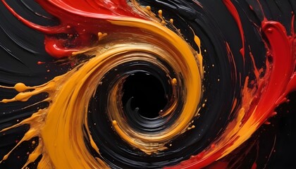 Wall Mural - Abstract Color Dynamics. dramatic and explosive swirl of paint, with vibrant gold and red hues erupting into a black void, depicting motion and energy.