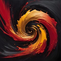 Poster - Abstract Color Dynamics. dramatic and explosive swirl of paint, with vibrant gold and red hues erupting into a black void, depicting motion and energy.