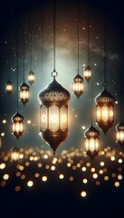 Wall Mural - Illustration with traditional ramadan hanging lanterns against a night sky and bokeh lights.