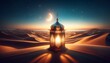 Arabic lantern in the desert at dusk with crescent moon.