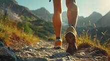 Hiking In The Mountains. Female Legs With Sports Shoes And Backpack Running On A Trail Mountain, Close Up --ar 16:9 --v 6 Job ID: 1ac5eb8f-53c4-47e4-9618-6929d38eda63
