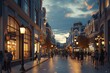 Charming Evening View of Bustling Retail District with Glowing Storefronts for Elegant Mockup. 