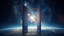 Surreal Door To The Cosmos, Juxtaposing A Tranquil Earthly Scene With The Galaxy. Concept Of Dreams, Imagination, Discovery, The Unknown, Freedom, Adventure, Mystery, And Limitless Possibilities.
