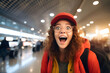 Portrait of Young woman happy expression traveler on airport - Ai generated
