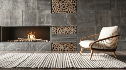 Modern room concept interior style, chair fireplace frame wicker carpet decoration, grey stone wall background. --ar 16:9 --v 6 Job ID: 2a547b79-fd1b-4333-8ef8-35656fce531c