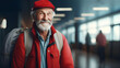 Portrait of old man happy expression traveler on airport - Ai generated