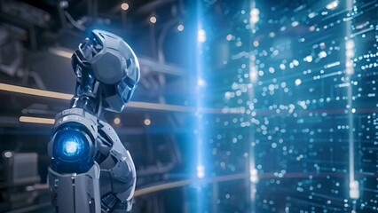 Wall Mural - futuristic robot with a sophisticated headpiece interfaces with a digital data stream in a high-tech
