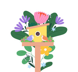 Sticker - Cartoon birdhouse in blossom branches and flowers. Spring or summer postcard template, print with birds and plants. Floral garden vector scene