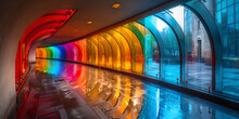 Colorful Reflections On The Glass Surfaces Of The Tunnel, Like A Rainbow In Gray Everyday L