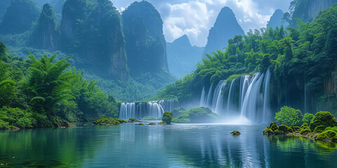 Wall Mural - Fascinating jungle with numerous waterfalls and streams, like a fabulous world of water miracle
