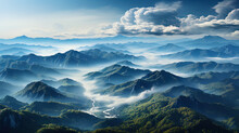 Mountain Peaks Shrouded In Light Clouds, Like Drops Of Morning Dew On The Edge Of The Horiz