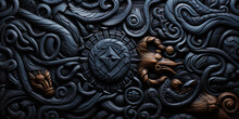 Multilayer And Complex Patterns On The Wood Of Black Wood, Like The Schemes Of Secret Knowledge Of