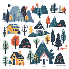 Various Small Tiny Houses Trees And Mountains. Pa