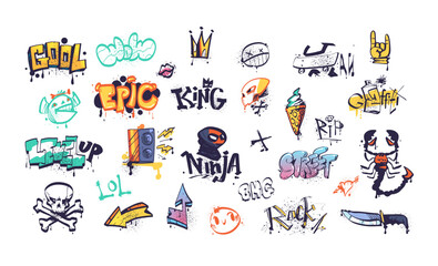 Street writing elements. Doodling wall graffiti urban type teenagers paint, grafitti sticker sprayed leak scribble text king cool level up, city life art classy vector illustration