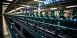 The conveyor lines, parallelly located and completely filled with bottles, create a harmonious geo