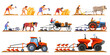 Farming evolution. Animal plowing plough, history timeline agriculture, ancient farmer with primitive tools machining field equipment cultivated soil, recent vector illustration