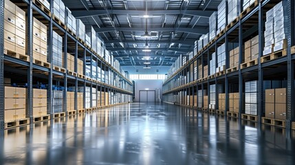 Light modern warehouse logistics transporation distribution packaging centre interior with no people perspective low angle shot