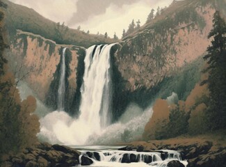 Poster - Breathtaking scene featuring a massive waterfall cascading down a rocky cliff, surrounded by lush vegetation and mist