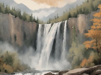 Poster - Breathtaking scene featuring a massive waterfall cascading down a rocky cliff, surrounded by lush vegetation and mist