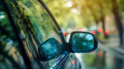 A solitary car sits on a wet street, its rearview mirror reflecting the dreary outdoor scene through the raindrops on its side window