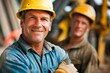 © ChaoticMind - A blue-collar engineer dons a yellow hard hat with a smile, ready to tackle the construction site in his workwear