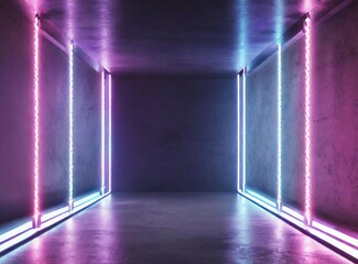 Canvas Print - Futuristic Sci-Fi Abstract Blue And Purple Neon Light Shapes On Black Background And Reflective Concrete With Empty Space For Text 3D Rendering